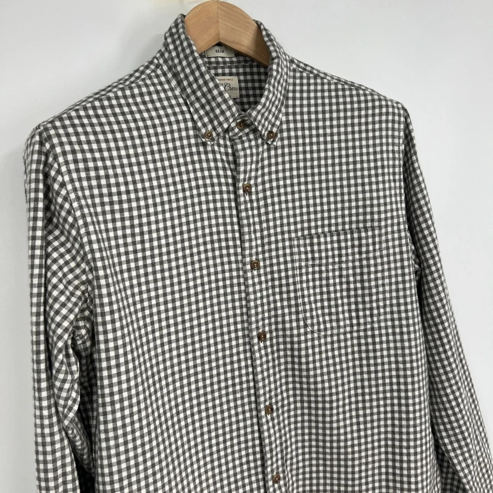 J.Crew Brushed‎ Twill Slim Fit Button Down LS Shirt Mens Size M Gray White Check